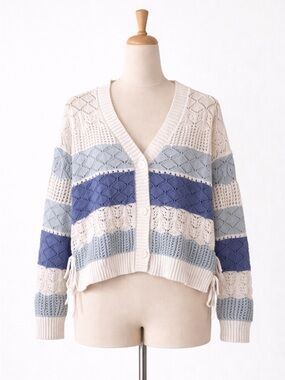 Francesca’s Blue & White Crochet Patchwork Cardigan Boho Colorblock Knit  S